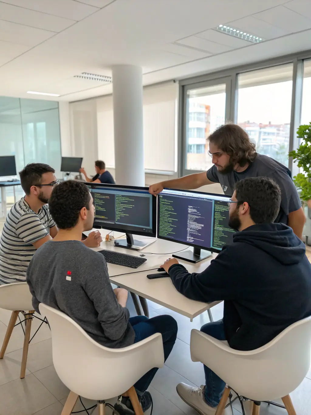 A diverse team of web developers collaborating on a project in a modern office setting, showcasing their expertise and dedication.