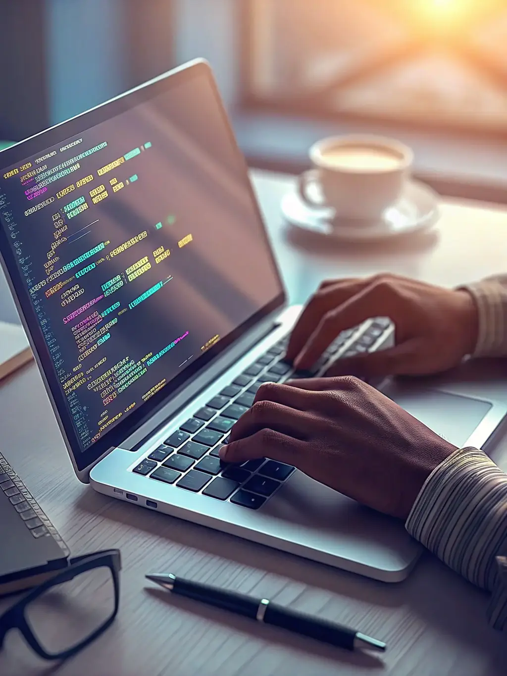 A close-up shot of a web developer's hands coding on a laptop, with lines of code visible on the screen, representing Neural Web's custom website design services.