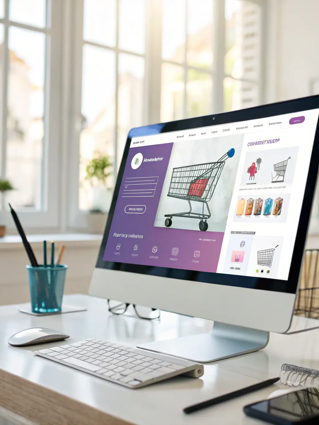 A visually appealing e-commerce website interface displayed on a desktop computer, showcasing product listings and a shopping cart, representing Neural Web's e-commerce solutions.