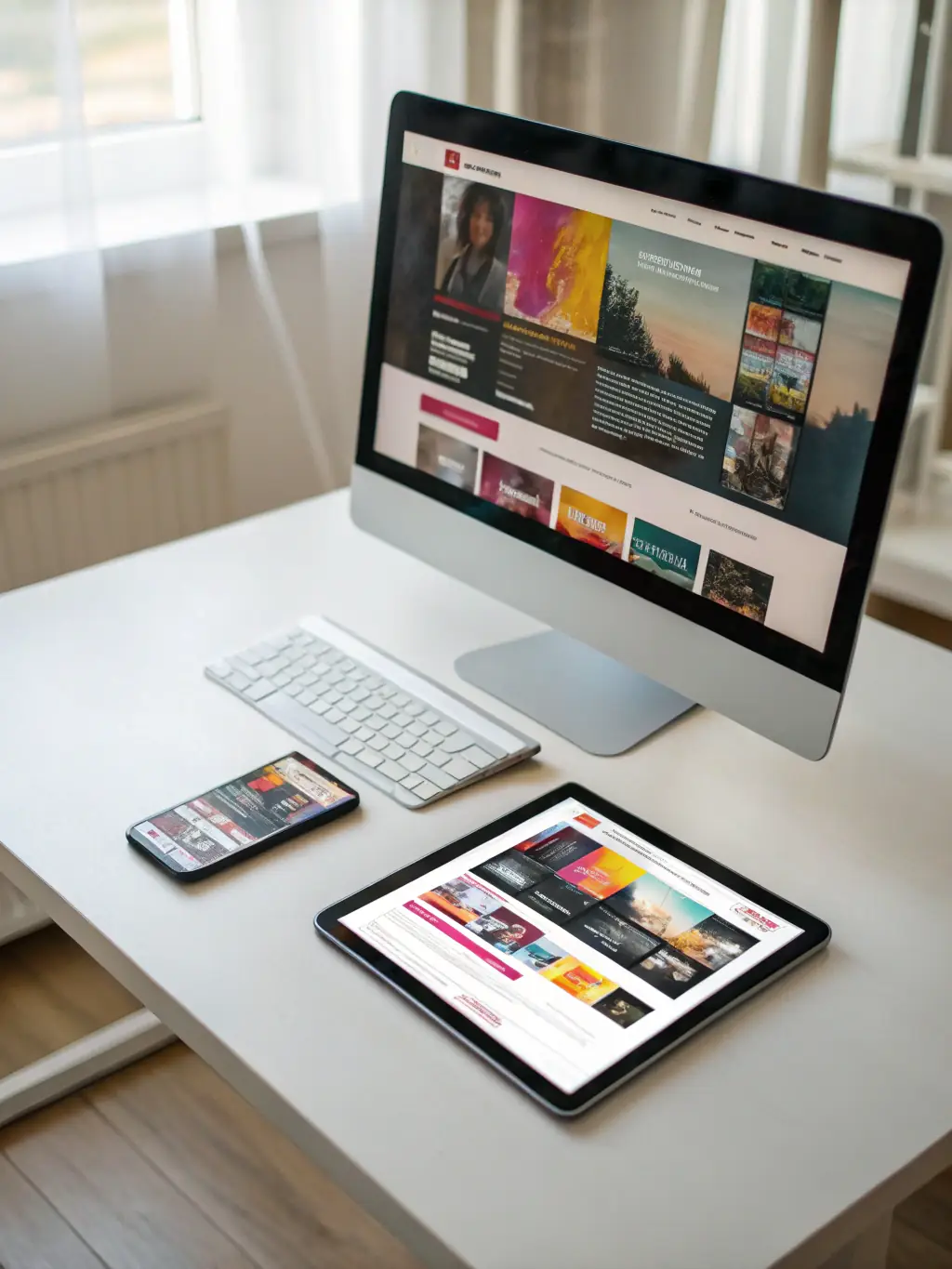 A responsive website design displayed across various devices (desktop, tablet, smartphone), highlighting the seamless adaptation and user experience, representing Neural Web's mobile-optimized development.